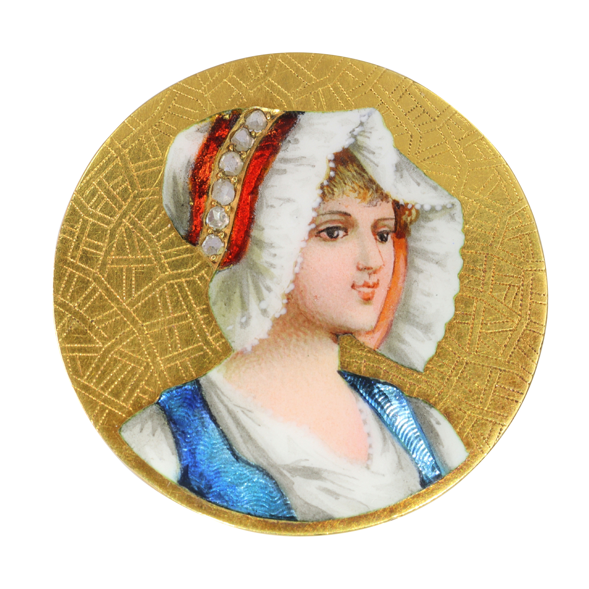 Antique Victorian brooch with enameled portrait of young French peasant girl